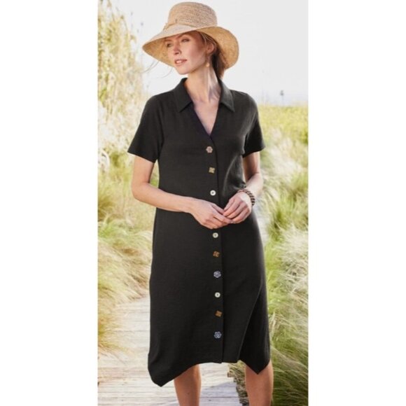 Soft Surroundings Dress Womens XL Black Danielle Button Short Sleeve Collared - Picture 1 of 16